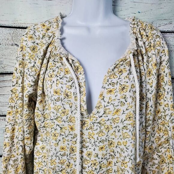 Billabong Women’s Small Peasant Top Yellow Floral Boho Crinkle Cotton Blouse Tie - Picture 3 of 7